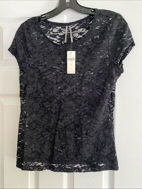 Anthropologie Black Lace Short-Sleeve Top